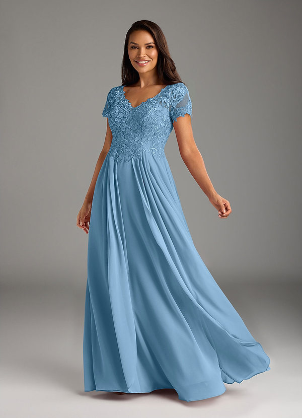 Azazie Dunja Brautmutterkleider A-Linie V-Hals Spitze Chiffon Kleid Stahlblau image1