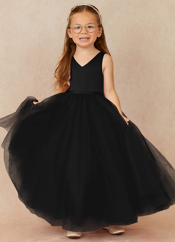 Azazie Marybell Flower Girl Dresses Black A-Line Bow Tulle Dress image1