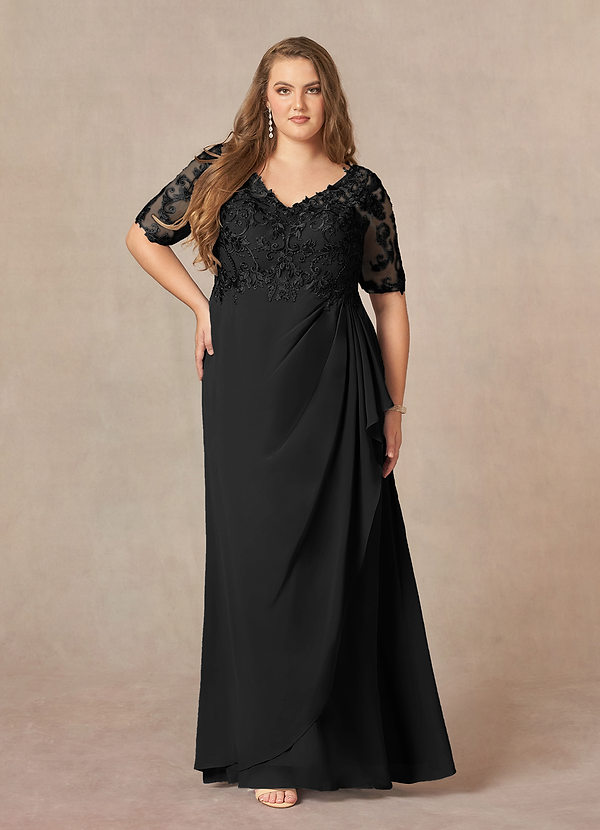 Azazie Amedeus Mother of the Brides Dresses Black A-Line V-Neck Lace Chiffon Dress image1