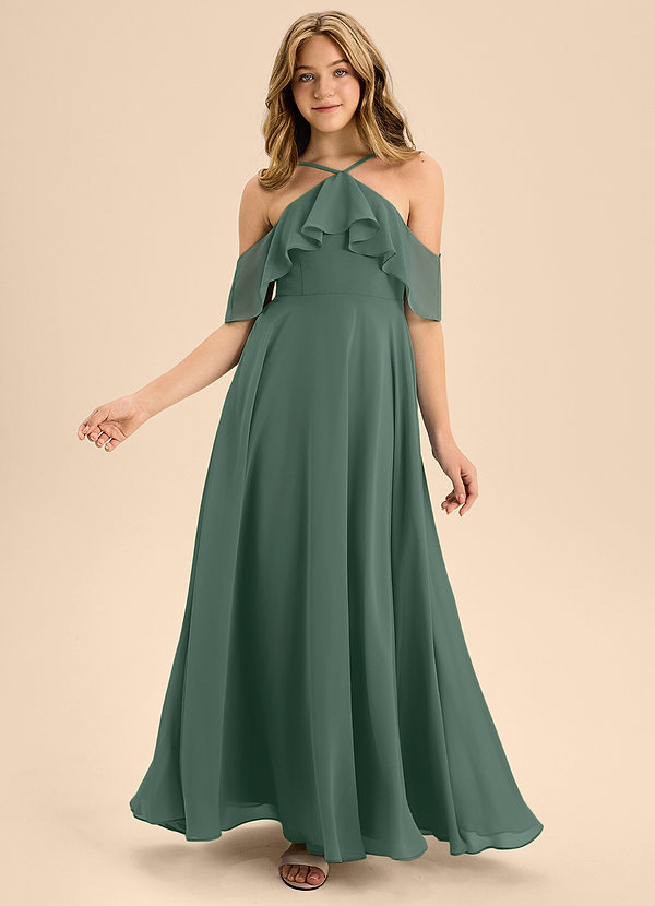 Azazie Tessabelle Junior Vestido de Musgo Marino de Gasa de Corte En A con Vestidos sin tirantes image1