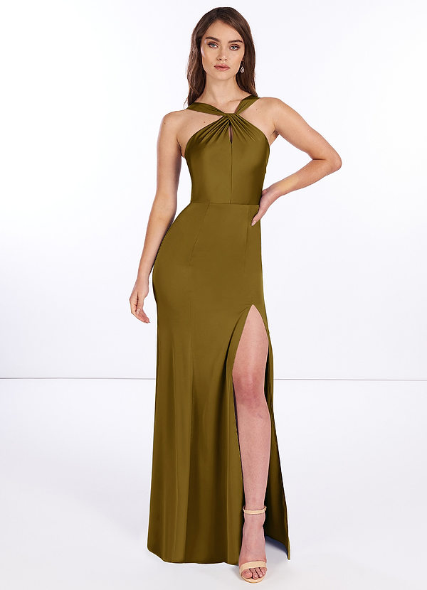 Azazie Elana Bridesmaid Dresses Sheath Side Slit Stretch Satin Floor-Length Dress image1