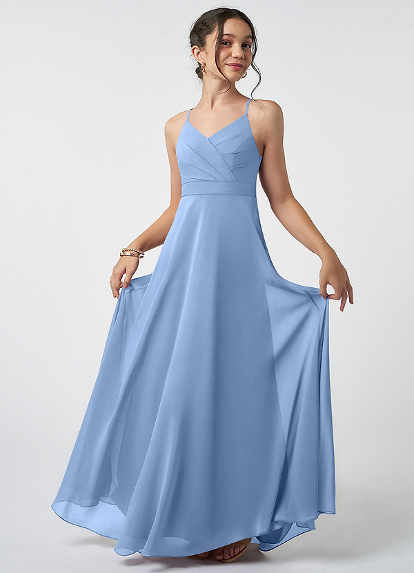 Azazie Avelina Junior Steel Blue A-Line Pleated Chiffon Dress image1