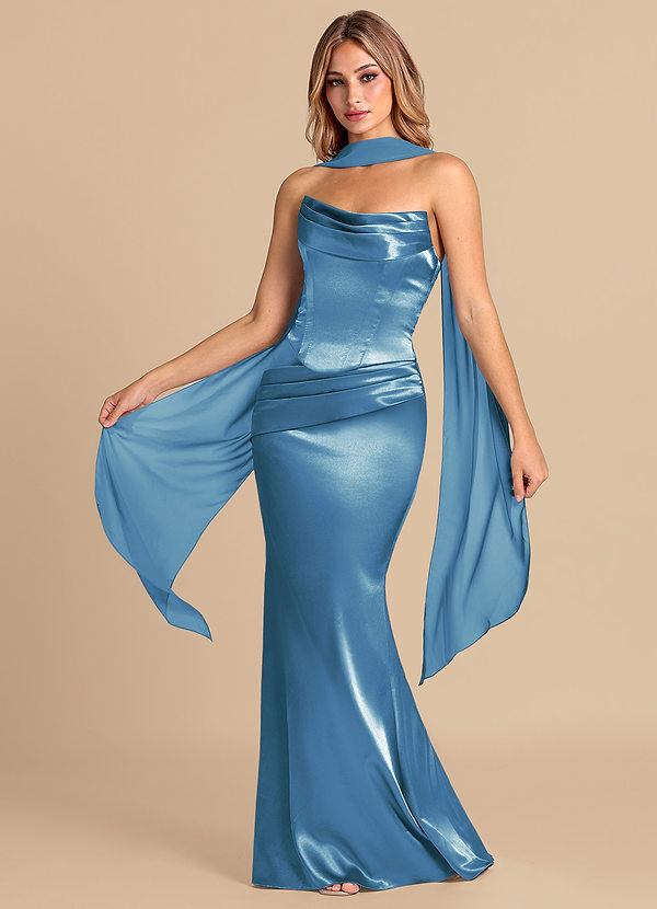 Azazie Sorrel 신부 들러리 드레스 인어 코르셋 메탈릭 새틴 바닥 길이 드레스 image1