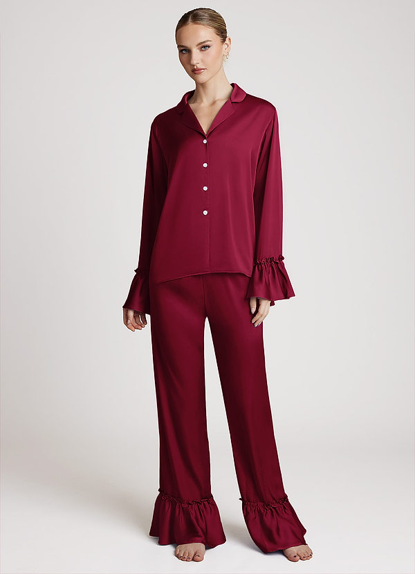 front Burgundy Lightweight Satin Ruffle Pajama Set