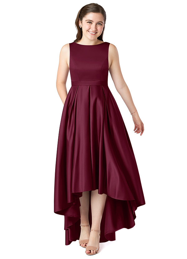 Azazie Inaya Junior A-Linie Gürtel/Schärpe Stretch-Satin Kleid Maulbeerrot image1