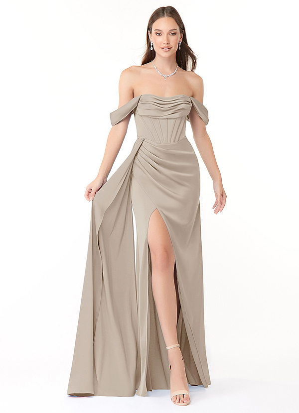 Azazie Amyra Bridesmaid Dresses Frost Sheath Off the Shoulder Stretch Satin Convertible Dress image1