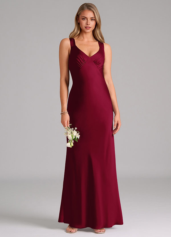 Azazie Kamila Bridesmaid Dresses Burgundy A-Line Pleated Stretch Satin Dress image1