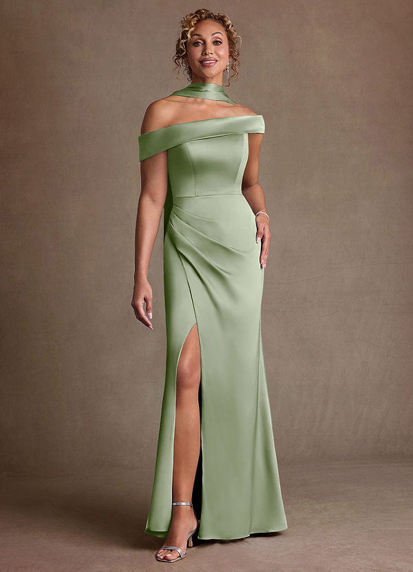 Azazie Kamala Kjoler til brudens mor Skede En skulder Stræk satin Gulv-længde Kjole image1