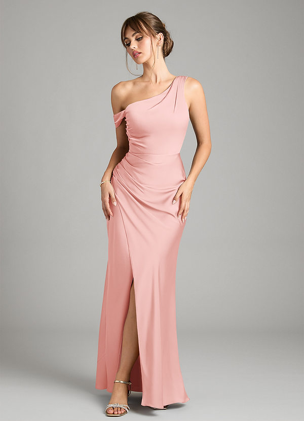 Azazie Madelyn Bridesmaid Dresses Powder Pink Mermaid One Shoulder Stretch Satin Convertible Dress image1