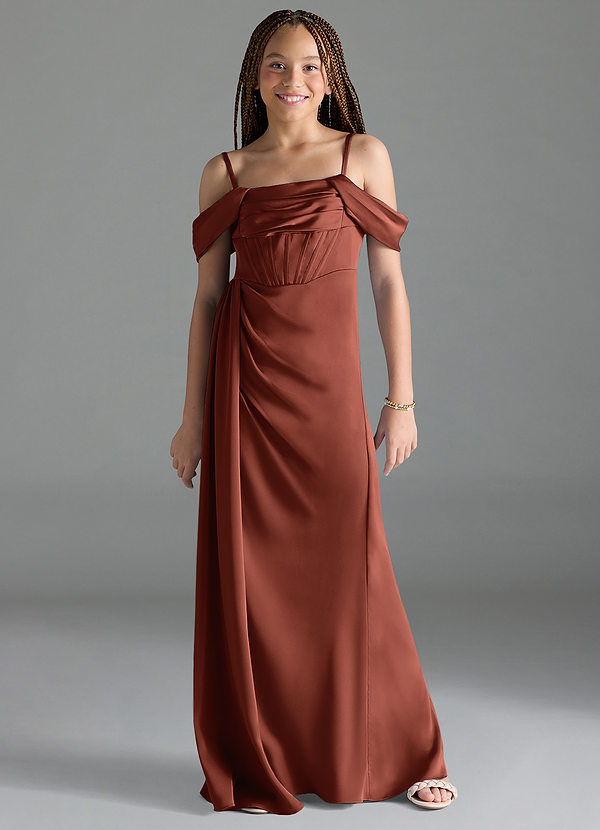 Azazie Amyra Junior Auburn Sheath Off the Shoulder Stretch Satin Dress image1