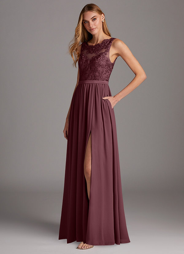 Azazie Elly Bridesmaid Dresses Sangria A-Line Lace Scoop Neck Chiffon Dress image1