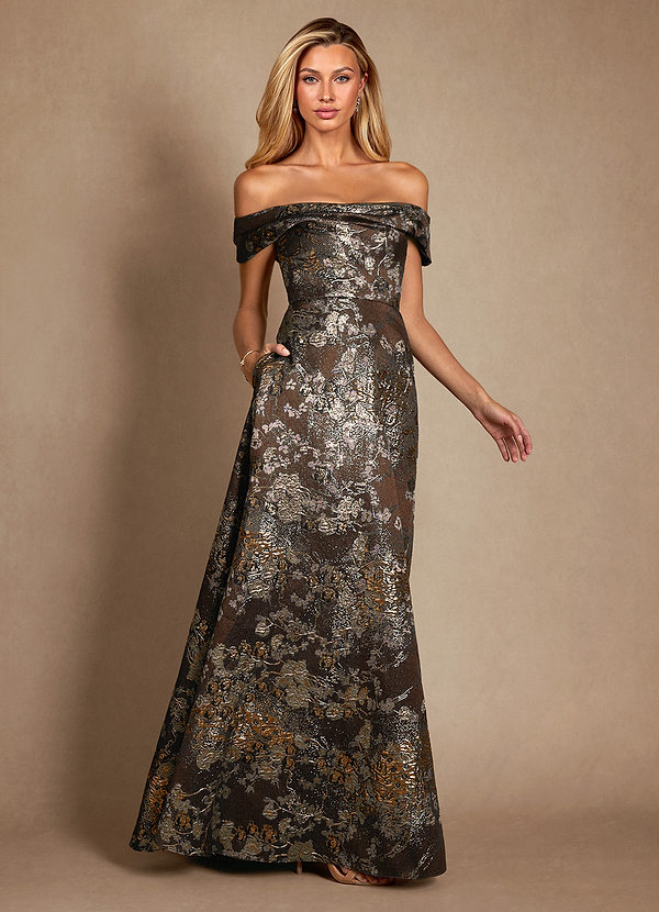 Azazie Marceline Mother of the Brides Dresses Mocha Coco A-Line Off the Shoulder Jacquard Dress image1