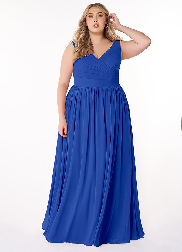 Azazie Keyla Brautjungfernkleider A-Linie V-Hals Gefaltet Chiffon Kleid Königsblau image1