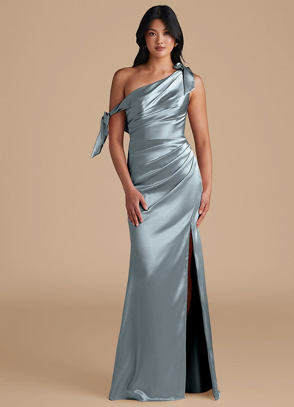 Azazie Xyla Bridesmaid Dresses Dusty Blue Sheath Off the Shoulder Metallic Satin Convertible Dress image1