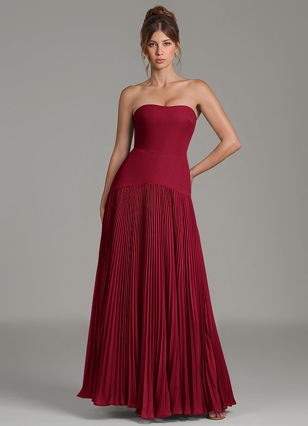 Azazie Yuliana Vestidos de dama de honor Vestido Borgoña de Gasa de Línea A con Palabra de honor image1
