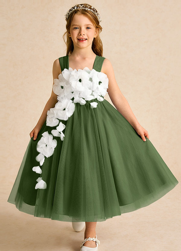 Azazie Dovey Abiti da Ragazza di Fiori Abito Principessa in Tulle Fiocco Oliva image1