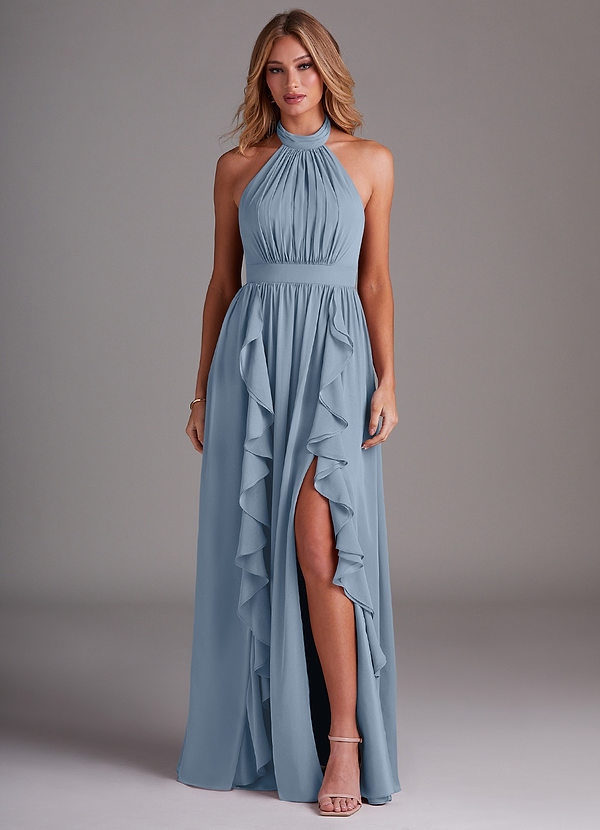 Azazie Avary Bridesmaid Dresses Dusty Blue A-Line Pleated Chiffon Dress image1