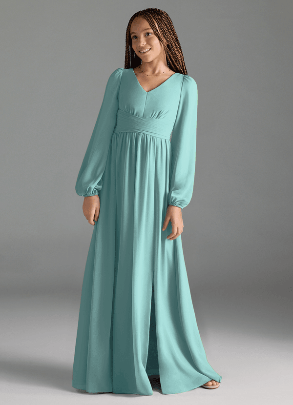 Azazie Norah Junior Robe Trapèze en Mousseline de soie Plissée Aqua image1