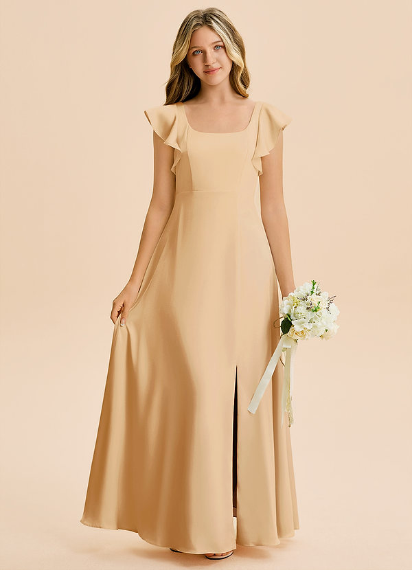 Azazie Bondi Junior Gold A-Line Side Slit Stretch Satin Dress image1