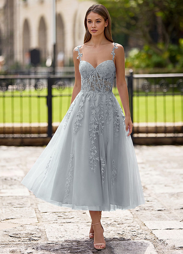 Zosia Silver Lace A-line Lace Up Back Midi Dress image1