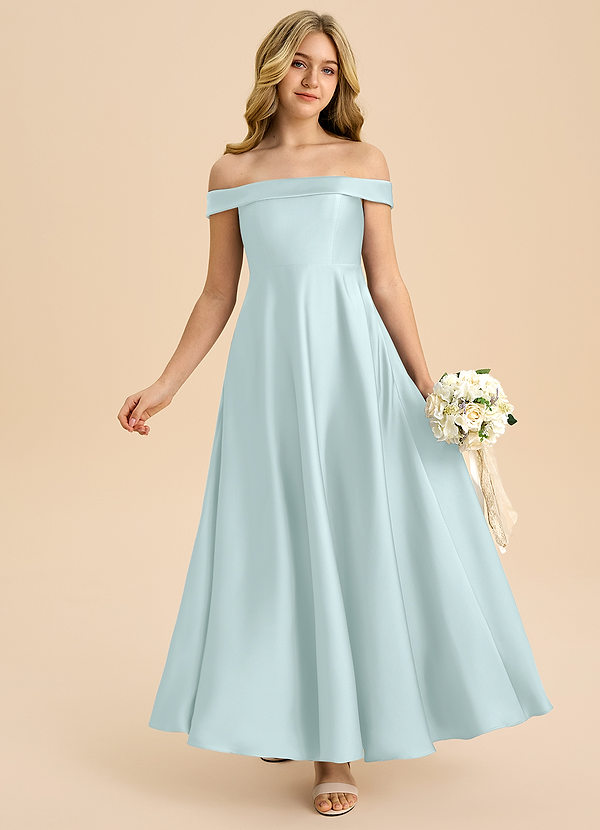 Azazie Sissy Junior Sea Glass A-Line Off the Shoulder Stretch Satin Dress image1
