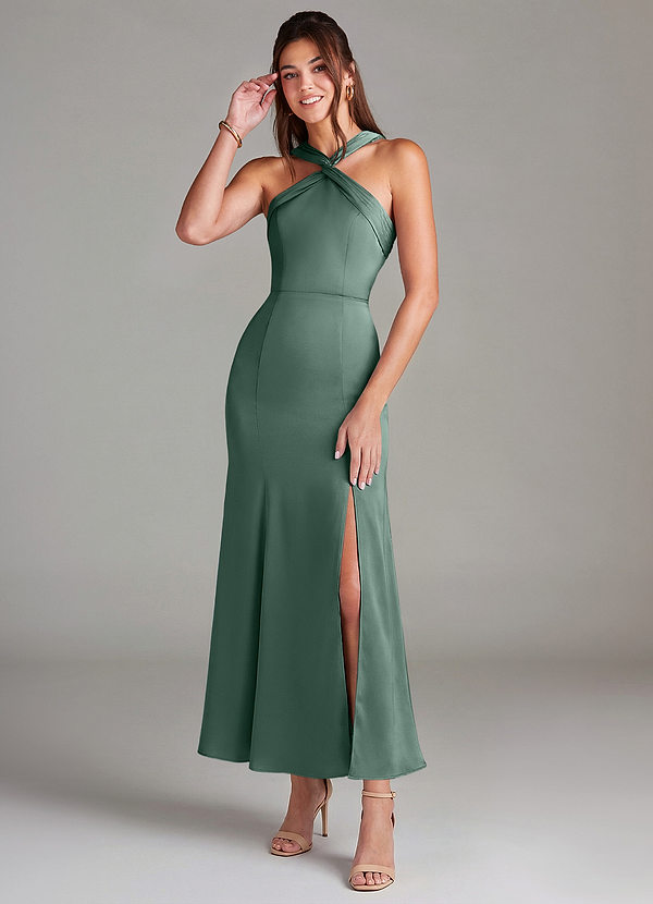 Azazie Rue Bridesmaid Dresses Eucalyptus Mermaid Pleated Stretch Satin Dress image1
