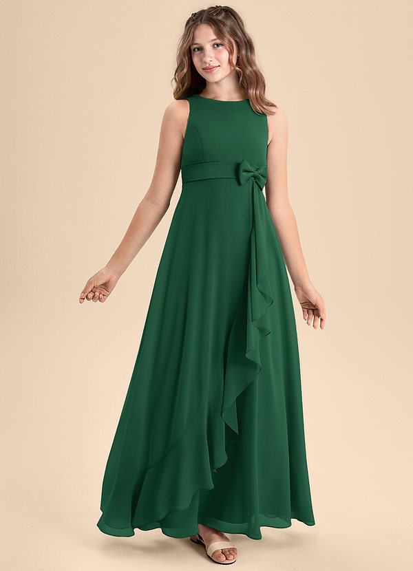 Azazie Lilenne Junior Vestido de Verde Oscuro de Gasa de Corte En A con Lazo image1