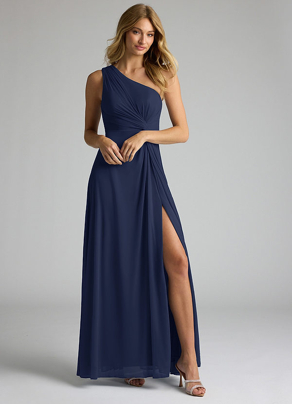 Azazie Brooke Vestidos de dama de honor Vestido de Azul Marino Oscuro de Malla de Corte En A con Hombro unilateral image1