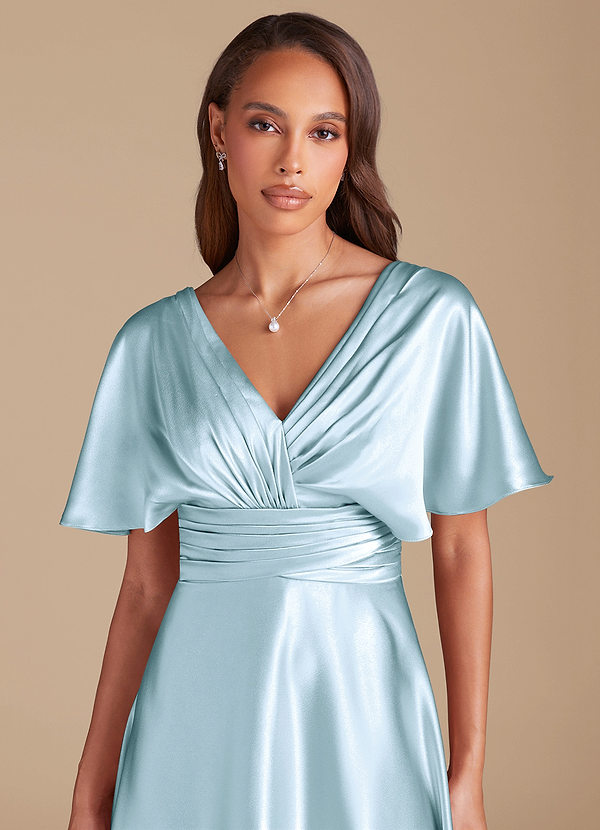 Azazie Pamela Robes Demoiselle d'honneur Robe Trapèze en Satiné métallisé Plissée Bleu Ciel image1