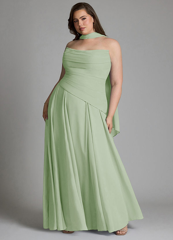 Azazie Gabriela Robes de demoiselle d'honneur Robe Trapèze en Mousseline de soie Corset Vert Sauge image1