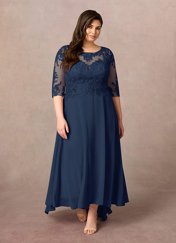 Azazie Monza Vestidos de Madre de la Novia Vestido de Azul Marino Oscuro de Gasa de Corte En A con Encaje image1