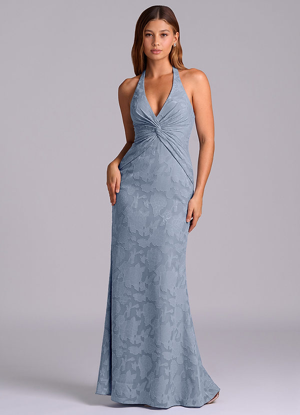 Azazie Valerie Abiti da Damigella Abito Sirena in Burnout Floreale Plissettato Blu Polveroso image1