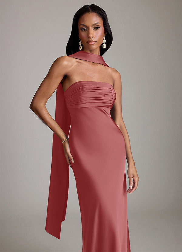 Azazie Saylor 신부 들러리 드레스 인어 스트랩리스 스트레치 새틴 바닥 길이 드레스 image1