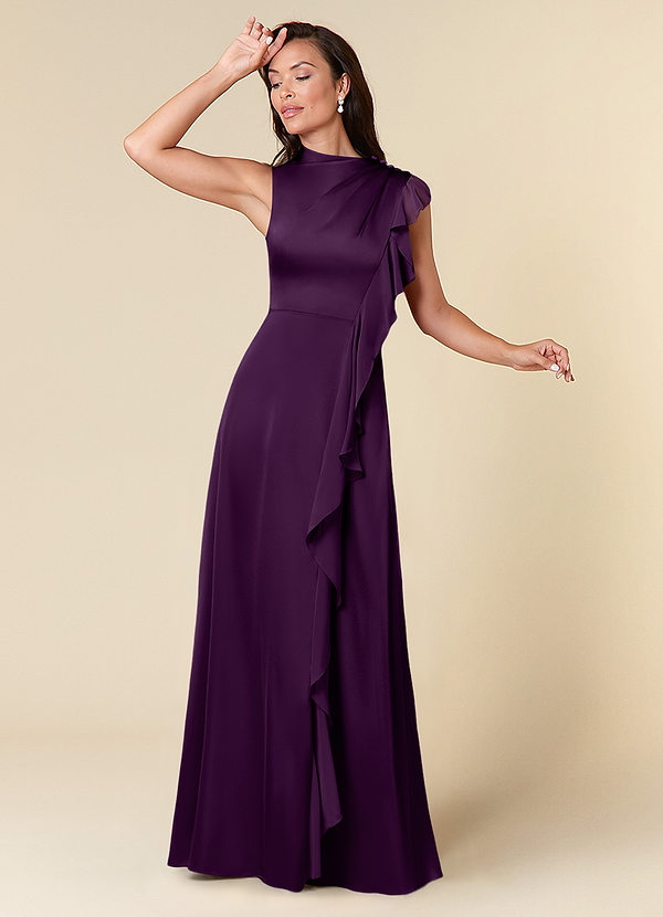 Azazie Narine Mother of the Brides Dresses Grape A-Line High Neckline Pleated Stretch Satin Dress image1