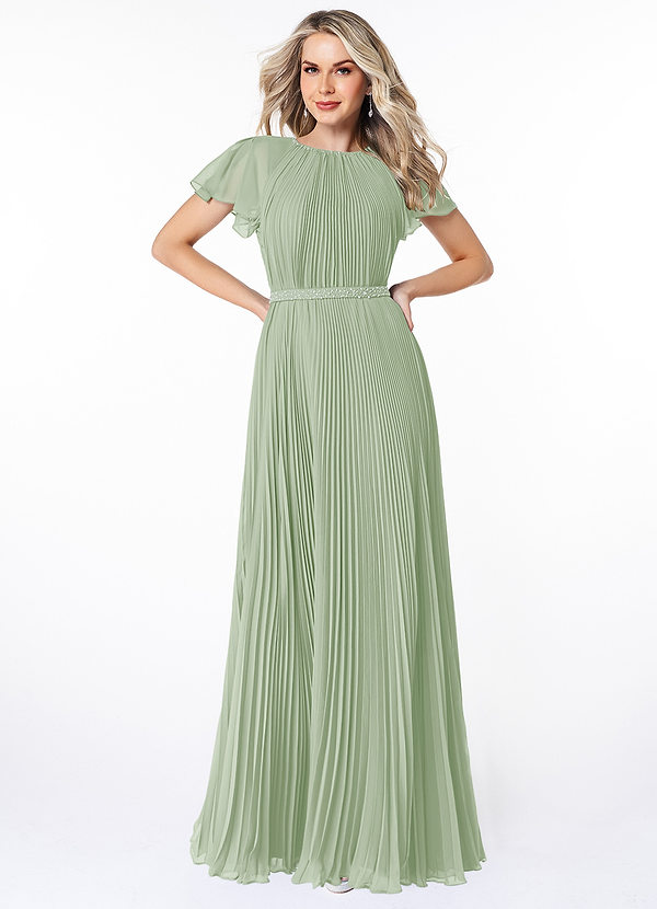 Azazie Kara Modest Bridesmaid Dresses A-Linie Plissee Chiffon Bodenlänge Kleid image1