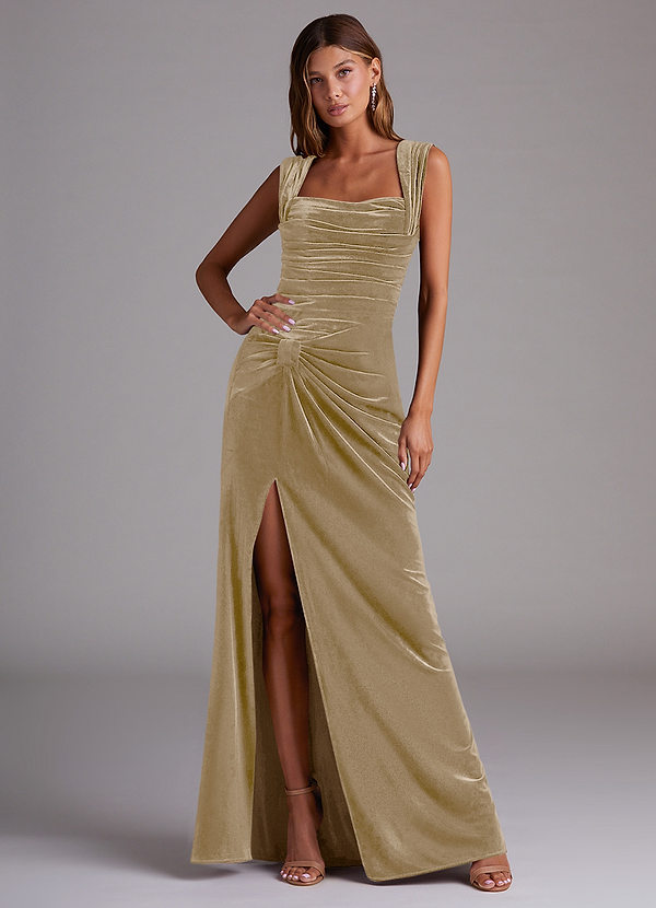 Azazie Genesis Bridesmaid Dresses Golden Tan Sheath Pleated Velvet Dress image1