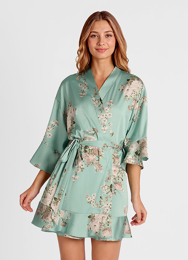 front Willow Whisper Floral Ruffled Printed Satin Bathrobe