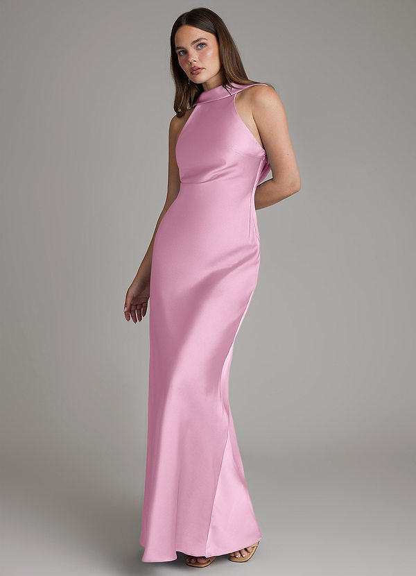 Azazie Dimitra Bridesmaid Dresses Candy Pink A-Line Pleated Stretch Satin Dress image1
