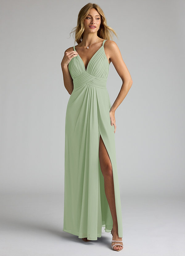 Azazie Maren Allure Robes Demoiselle d'honneur Robe Trapèze en Mousseline de soie Col V dentelle Vert Sauge image1