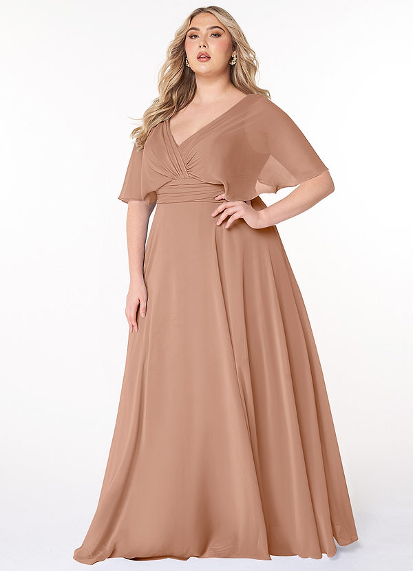 Azazie Pamela Robes Demoiselle d'honneur Robe Trapèze en Mousseline de soie Col V plissé Champagne Rosé image1