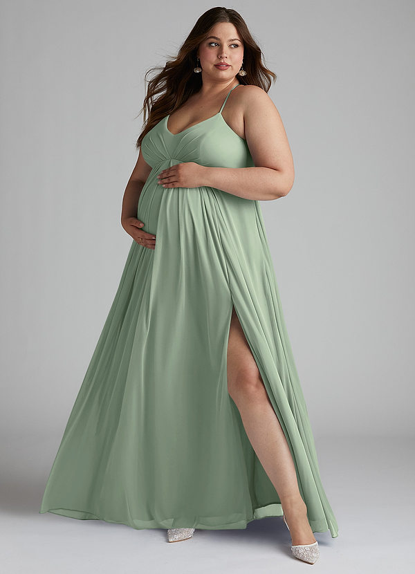 Azazie Annabelle Maternity Bridesmaid Dresses A-Line V-Neck Pleated Mesh Floor-Length Dress image1
