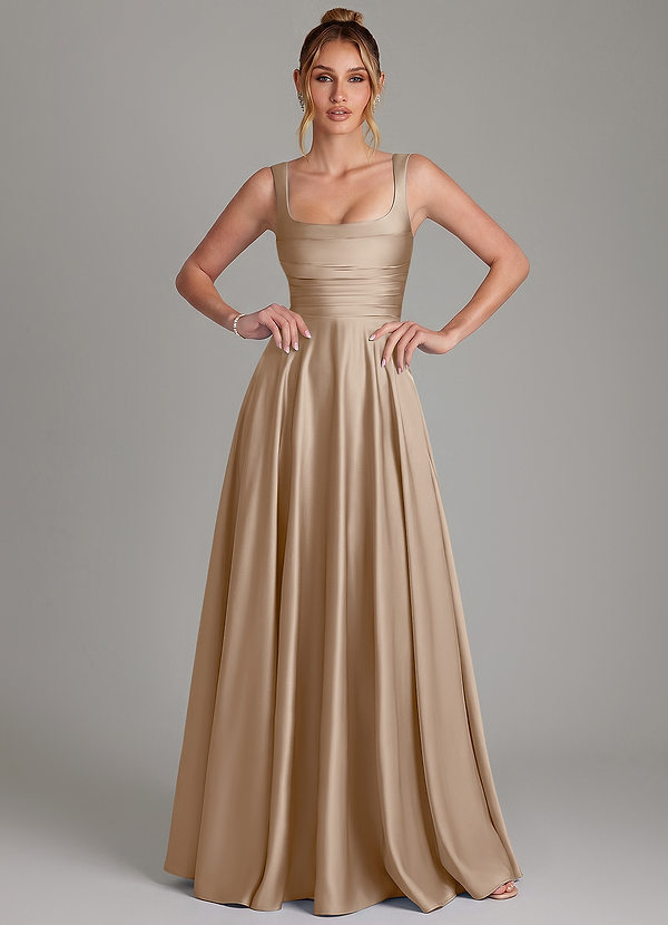Azazie Azaria Bridesmaid Dresses Taupe A-Line Corset Stretch Satin Dress image1
