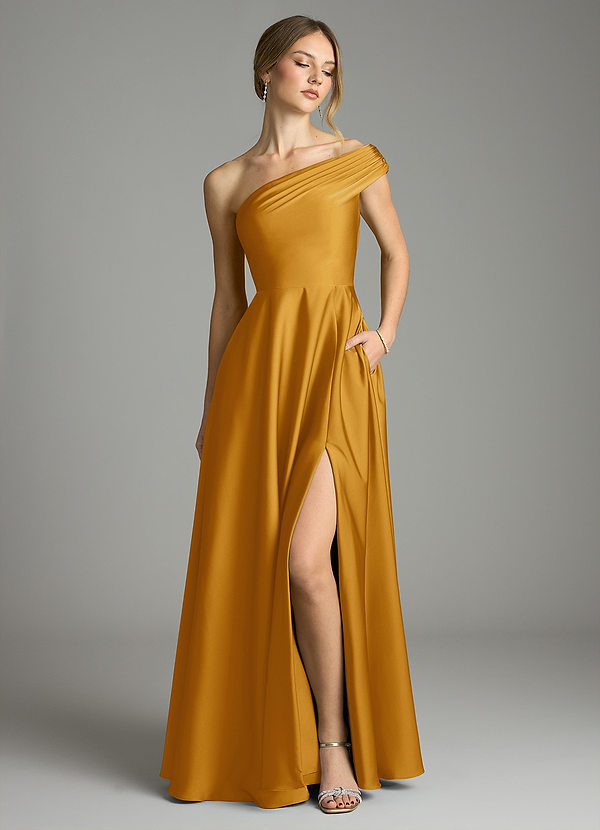 Azazie Melanie 신부 들러리 드레스 A라인 오프 더 숄더 스트레치 새틴 바닥 길이 드레스 image1