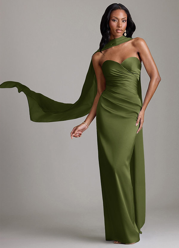 Azazie Sonora Vestidos Dama de Honor Vestido de Oliva de Satén Elástico de Corte Recto con Sin tirantes image1