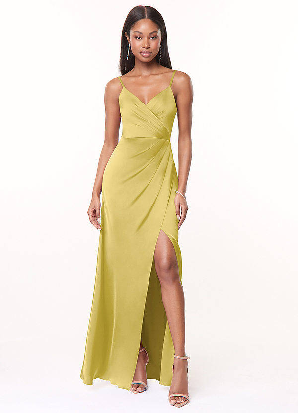 Azazie Maci Bridesmaid Dresses Canary A-Line V-Neck Pleated Stretch Satin Dress image1