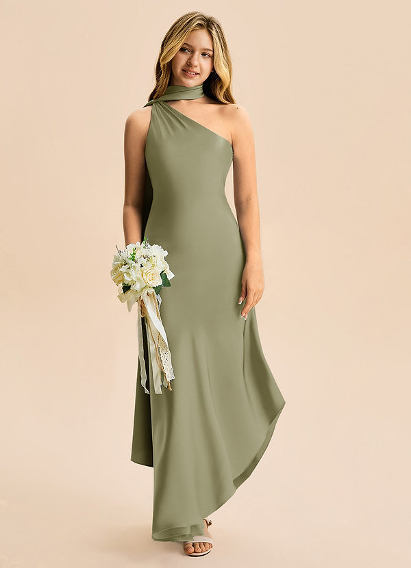 Azazie Briony Junior Vestido Pistache de Cetim elástico de Bainha com Plissado image1