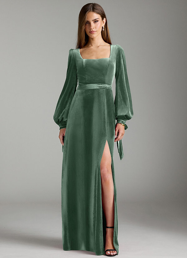 Azazie Leonia Bridesmaid Dresses Eucalyptus A-Line Long Sleeve Velvet Dress image1