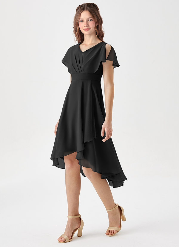 Azazie Graciela Junior Black A-Line Pleated Chiffon Dress image1