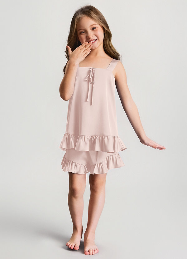 front Rumieniąc Różowy Dziewczęcy komplet piżamowy z satynową bluzką i spodenkami z falbanką