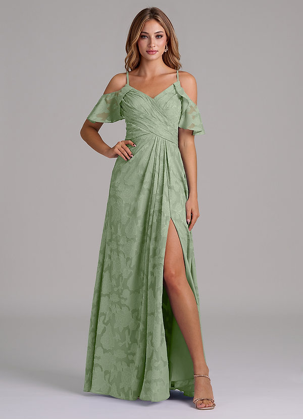 Azazie Dakota 신부 들러리 드레스 A라인 오프 더 숄더 플로럴 번아웃 바닥 길이 드레스 image1